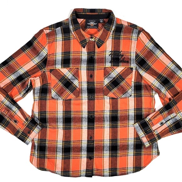 Harley-Davidson - Biker Long Sleeve Orange&Black Button-Up Plaid Shirt in Size S - Picture 1 of 11